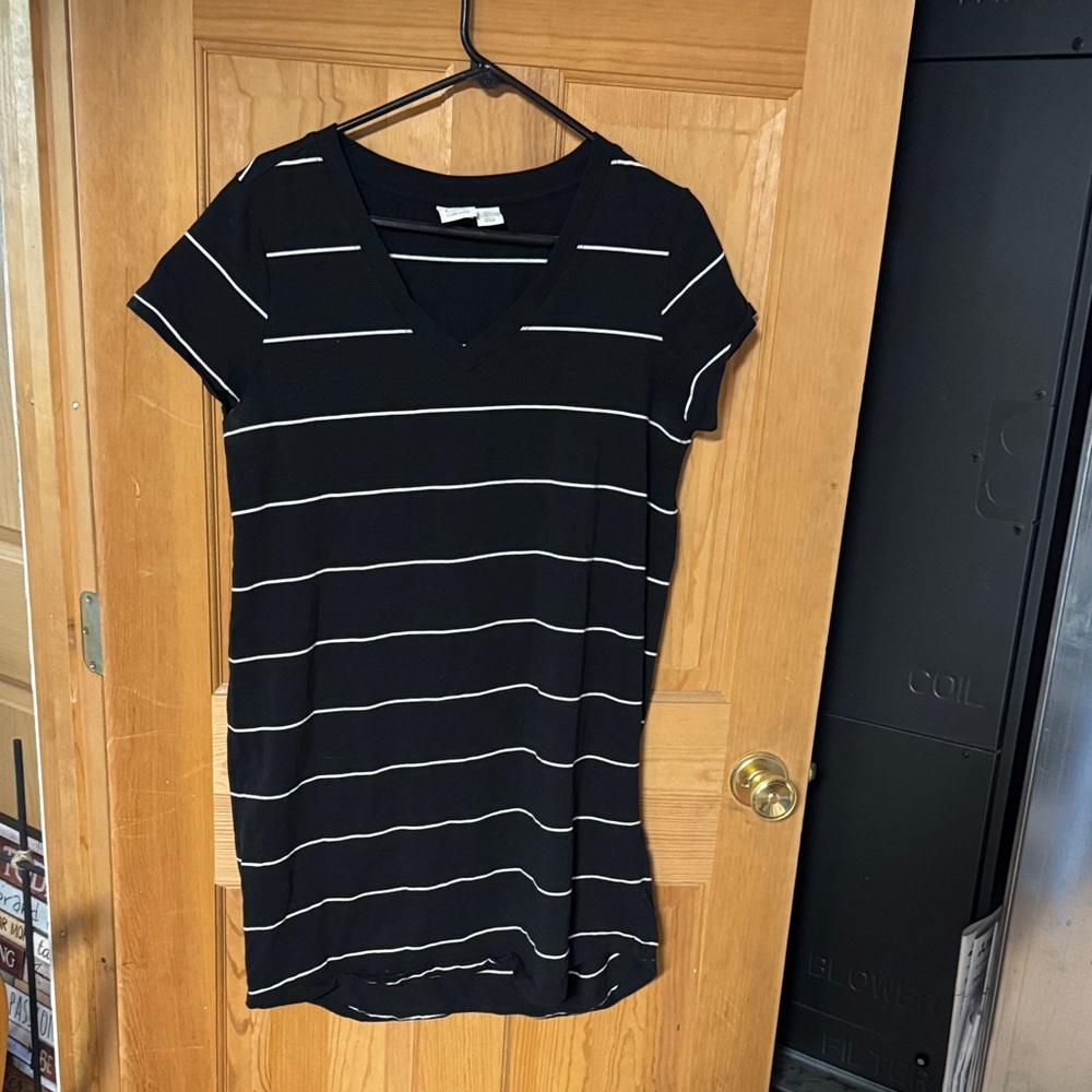 Black and White Striped V-Neck Dress